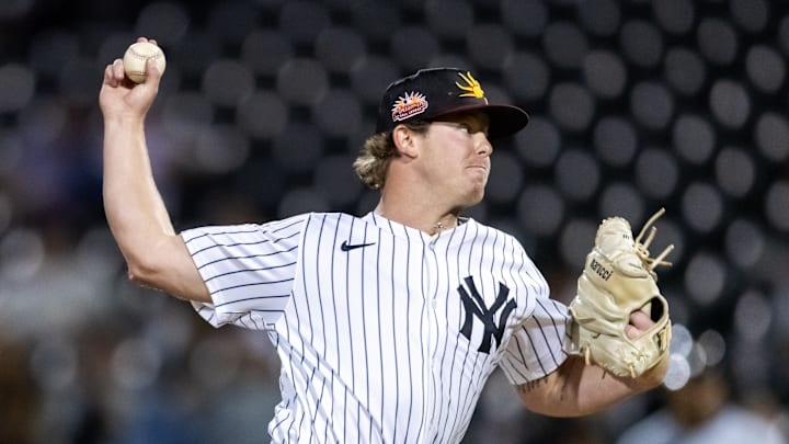 Nov 9, 2025; Mesa, AZ, USA; New York Yankees pitcher Cade Smith during the Arizona Fall League Fall Stars Game at Sloan Park. Mandatory Credit: Mark J. Rebilas-Imagn Images