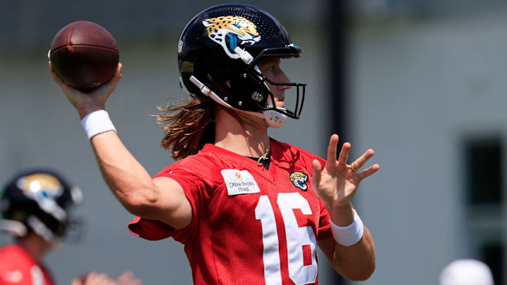 Jacksonville Jaguars quarterback Trevor Lawrence (16) throws the ball during an NFL training camp session at the Miller Electric Center, Friday Aug. 15, 2025 in Jacksonville, Fla. [Corey Perrine/Florida Times-Union]