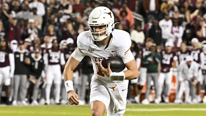 Nov 30, 2024; College Station, Texas, USA; Texas Longhorns quarterback Arch Manning (16) runs the ball during the first half against the Texas A&M Aggies at Kyle Field. Mandatory Credit: Maria Lysaker-Imagn Images 