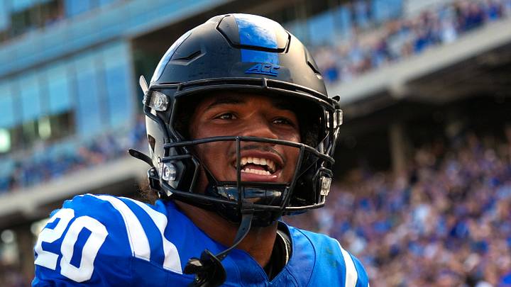 Sep 19, 2026; Durham, North Carolina, USA; Duke Blue Devils running back Nate Sheppard (20) scores a touchdown on his run against the Stanford Cardinal during the first half at Wallace Wade Stadium. Mandatory Credit: James Guillory-Imagn Images Sep 19, 2026; Durham, North Carolina, USA; Duke Blue Devils running back Nate Sheppard (20) scores a touchdown on his run against the Stanford Cardinal during the first half at Wallace Wade Stadium. Mandatory Credit: James Guillory-Imagn Images
