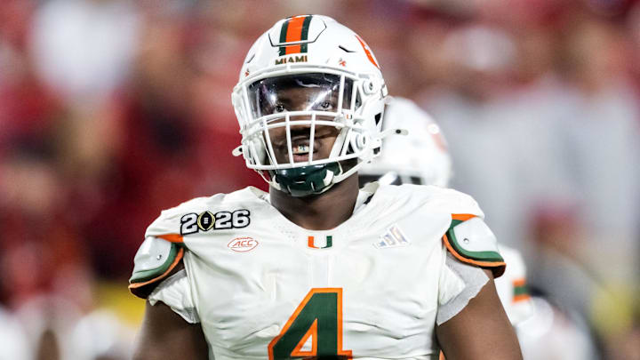Jan 19, 2026; Miami Gardens, FL, USA; Miami Hurricanes defensive lineman Rueben Bain Jr. (4) against the Indiana Hoosiers during the College Football Playoff National Championship game at Hard Rock Stadium. Mandatory Credit: Mark J. Rebilas-Imagn Images
