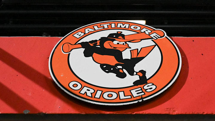 Sep 30, 2023; Baltimore, Maryland, USA; A detailed view of a Baltimore Orioles logo in the stands during the game against the Boston Red Sox  at Oriole Park at Camden Yards. Mandatory Credit: Tommy Gilligan-Imagn Images