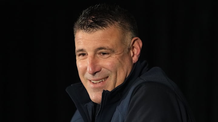 Feb 5, 2026; Santa Clara, CA, USA; New England Patriots head coach Mike Vrabel talks to media members at the Santa Clara Marriott. Mandatory Credit: Darren Yamashita-Imagn Images
