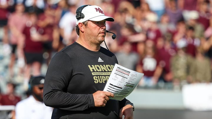 Mississippi State Bulldogs head coach Jeff Lebby looks on against the Georgia Bulldogs during the second half at Davis Wade Stadium at Scott Field.