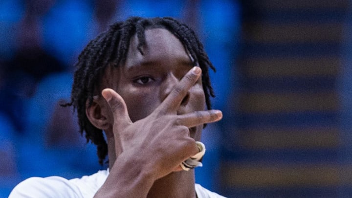 Dec 22, 2025; Chapel Hill, North Carolina, USA; North Carolina Tar Heels guard Isaiah Denis (5) celebrates during the second half against the East Carolina Pirates at Dean E. Smith Center. Mandatory Credit: Scott Kinser-Imagn Images Dec 22, 2025; Chapel Hill, North Carolina, USA; North Carolina Tar Heels guard Isaiah Denis (5) celebrates during the second half against the East Carolina Pirates at Dean E. Smith Center. Mandatory Credit: Scott Kinser-Imagn Images