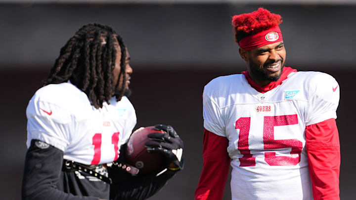 San Francisco 49ers wide receivers Brandon Aiyuk (L) and Jauan Jennings (R) San Francisco 49ers wide receivers Brandon Aiyuk (L) and Jauan Jennings (R)