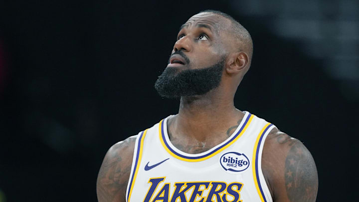 Dec 20, 2025; Inglewood, California, USA; Los Angeles Lakers forward Lebron James (23) reacts in the first half against the LA Clippers at Intuit Dome. Mandatory Credit: Kirby Lee-Imagn Images