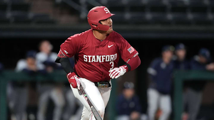 Mar 1, 2025; Stanford, CA, USA; Stanford Cardinal first baseman Rintaro Sasaki (3) runs to first base during the fourth inning against the Xavier Musketeers at Sunken Diamond. Mandatory Credit: Darren Yamashita-Imagn Images