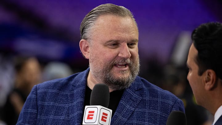 Oct 23, 2024; Philadelphia, Pennsylvania, USA; Philadelphia 76ers president of basketball operations Daryl Morey is interviewed before a game against the Milwaukee Bucks at Wells Fargo Center. Mandatory Credit: Bill Streicher-Imagn Images