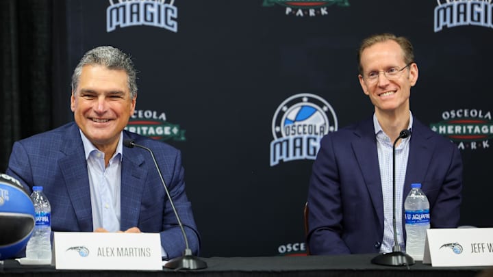 Apr 11, 2023; Orlando, Florida, USA; Orlando Magic CEO Alex Martins and president of basketball operations Jeff Weltman speak during a press conference for the new Orlando Magic G-League stadium at Osceola Heritage Park. Mandatory Credit: Nathan Ray Seebeck-Imagn Images Apr 11, 2023; Orlando, Florida, USA; Orlando Magic CEO Alex Martins and president of basketball operations Jeff Weltman speak during a press conference for the new Orlando Magic G-League stadium at Osceola Heritage Park. Mandatory Credit: Nathan Ray Seebeck-Imagn Images