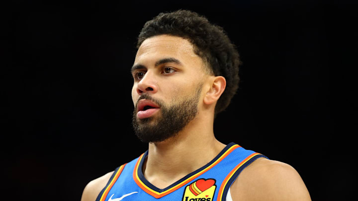 Apr 27, 2026; Phoenix, Arizona, USA; Oklahoma City Thunder guard Ajay Mitchell (25) against the Phoenix Suns during game four of the first round of the 2026 NBA Playoffs at Mortgage Matchup Center. Mandatory Credit: Mark J. Rebilas-Imagn Images