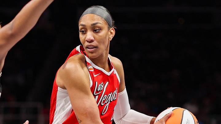 May 17, 2026; Atlanta, Georgia, USA; Las Vegas Aces center A'ja Wilson (22) handles the ball against the Atlanta Dream in the second quarter at State Farm Arena. Mandatory Credit: Brett Davis-Imagn Images