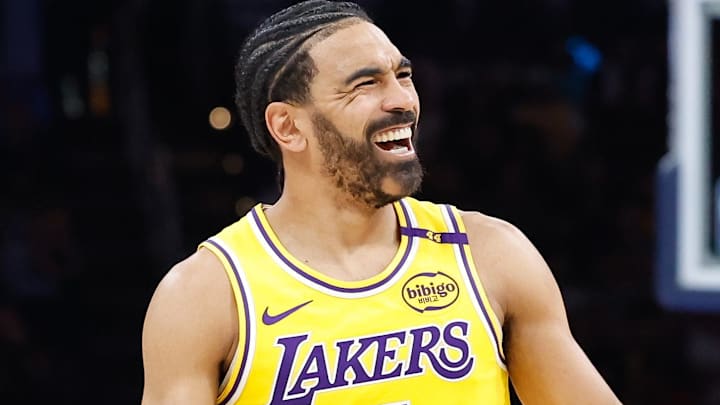 Los Angeles Lakers guard Gabe Vincent (7) smiles after a play against the Oklahoma City Thunder during the second half at Paycom Center.