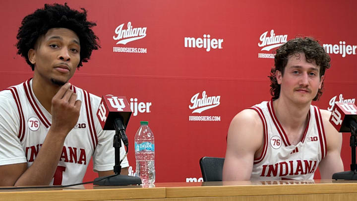 Indiana basketball seniors Sam Alexis and Conor Enright speak to reporters Feb. 7, 2026, after beating Wisconsin at Simon Skjodt Assembly Hall in Bloomington.