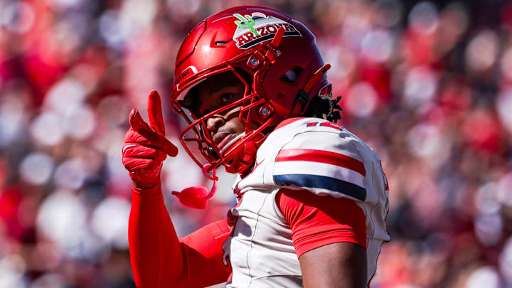 Oct 4, 2025; Tucson, Arizona, USA; Arizona Wildcats wide receiver Tre Spivey (12) celebrates after a play during the third quarter of the game against the Oklahoma State Cowboys at Arizona Stadium. Mandatory Credit: Aryanna Frank-Imagn Images