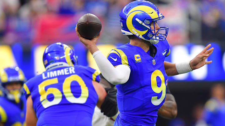 Dec 8, 2024; Inglewood, California, USA; Los Angeles Rams quarterback Matthew Stafford (9) throws against the Buffalo Bills during the second half at SoFi Stadium. Mandatory Credit: Gary A. Vasquez-Imagn Images Dec 8, 2024; Inglewood, California, USA; Los Angeles Rams quarterback Matthew Stafford (9) throws against the Buffalo Bills during the second half at SoFi Stadium. Mandatory Credit: Gary A. Vasquez-Imagn Images