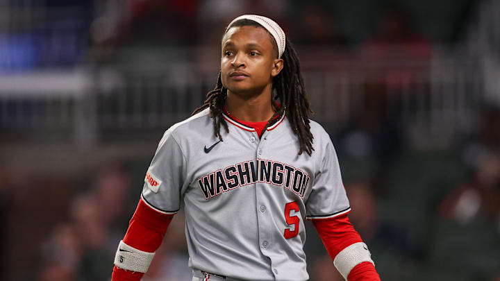 Sep 22, 2025; Atlanta, Georgia, USA; Washington Nationals designated hitter CJ Abrams (5) reacts after a strikeout against the Atlanta Braves in the fifth inning at Truist Park. Mandatory Credit: Brett Davis-Imagn Images