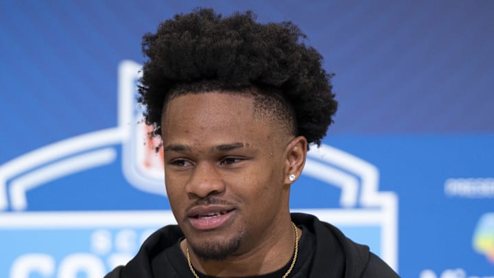 Feb 26, 2026; Indianapolis, IN, USA; Duke defensive back Chandler Rivers (DB28) speaks to members of the media during the NFL Combine at the Indiana Convention Center. Mandatory Credit: Jacob Musselman-Imagn Images