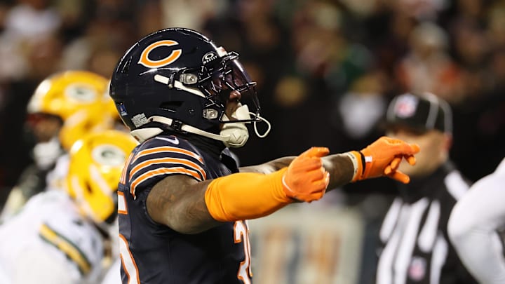 Dec 20, 2025; Chicago, Illinois, USA; Chicago Bears safety C.J. Gardner-Johnson (35) reacts against the Green Bay Packers during the first quarter at Soldier Field. Mandatory Credit: Mike Dinovo-Imagn Images
