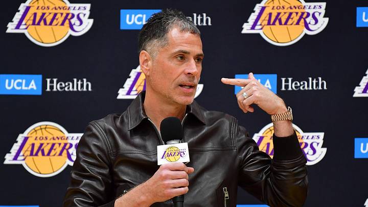 Feb 4, 2025; El Segundo, CA, USA; Los Angeles Lakers vice president of basketball operations and general manager Rob Pelinka introduced guard Luka Doncic at UCLA Health Training Center. Mandatory Credit: Gary A. Vasquez-Imagn Images