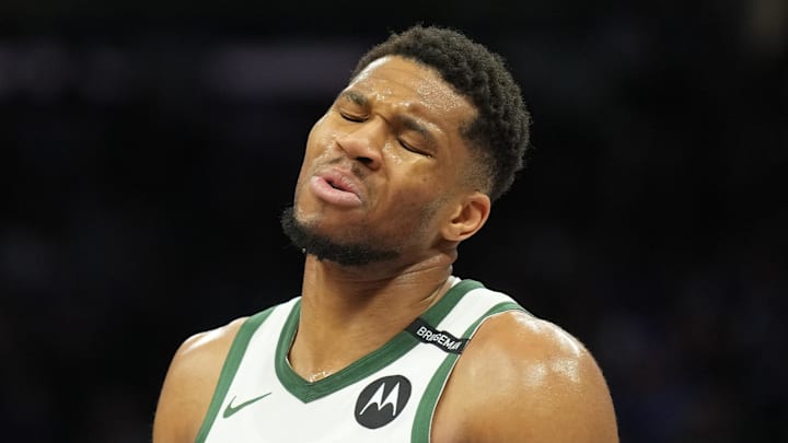 Milwaukee Bucks forward Giannis Antetokounmpo reacts against the Sacramento Kings at Golden 1 Center on March 22, 2025.