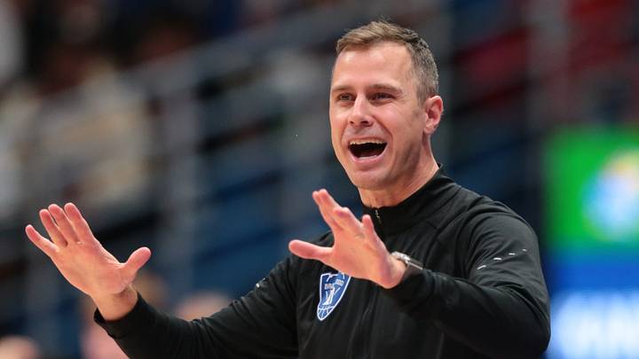 Duke Blue Devils head coach Jon Scheyer makes adjustments against Kansas Jayhawks during the exhibition game inside Allen Fieldhouse in Lawrence, Kansas on Oct. 25, 2026. Duke Blue Devils head coach Jon Scheyer makes adjustments against Kansas Jayhawks during the exhibition game inside Allen Fieldhouse in Lawrence, Kansas on Oct. 25, 2026.