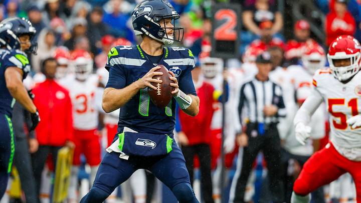 Seattle Seahawks quarterback Sam Darnold looks to pass against the Kansas City Chiefs.