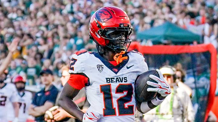 Oct 3, 2026; Fort Collins, Colorado, USA; Oregon State Beavers wide receiver Jesse Legree (12) runs for a touchdown against the Colorado State Rams in the first half at Sonny Lubick Field at Canvas Stadium. Mandatory Credit: Andrew Rydland-Imagn Images Oct 3, 2026; Fort Collins, Colorado, USA; Oregon State Beavers wide receiver Jesse Legree (12) runs for a touchdown against the Colorado State Rams in the first half at Sonny Lubick Field at Canvas Stadium. Mandatory Credit: Andrew Rydland-Imagn Images