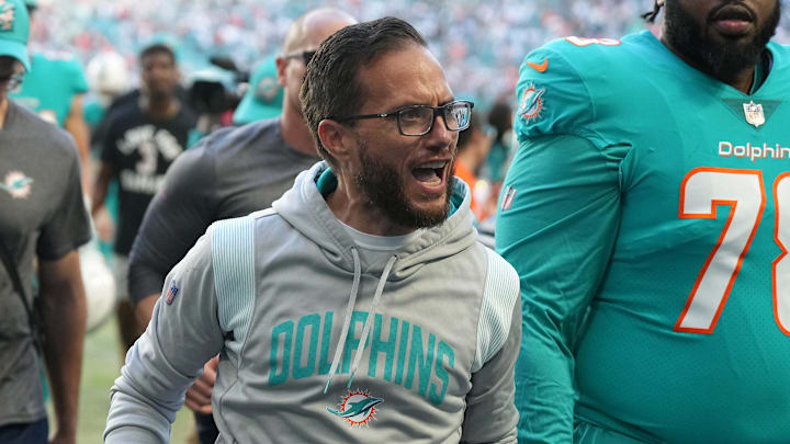 Miami Dolphins head coach Mike McDaniel is all smiles as he leaves the field after an 11-6 victory over the New York Jets at Hard Rock Stadium in Miami Gardens, Jan. 8, 2023.