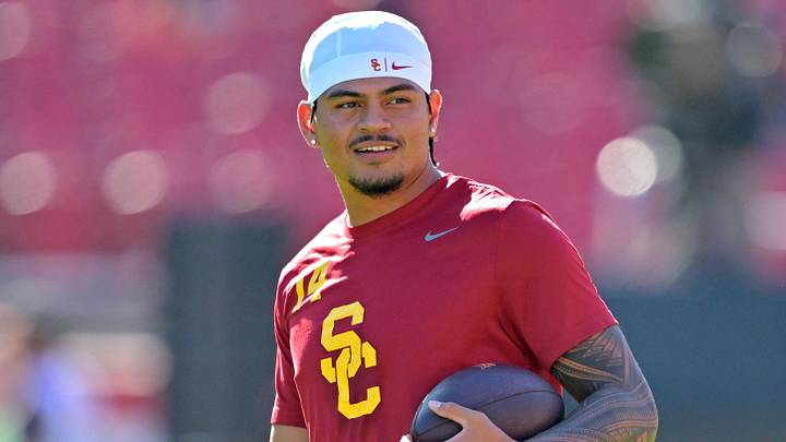 Oct 11, 2025; Los Angeles, California, USA;  USC Trojans quarterback Jayden Maiava (14) warms up prior to the game against the Michigan Wolverines at United Airlines Field at the Los Angeles Memorial Coliseum. Mandatory Credit: Jayne Kamin-Oncea-Imagn Images