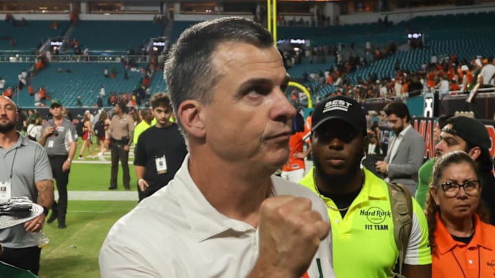 Nov 15, 2025; Miami Gardens, Florida, USA; Miami Hurricanes head coach Mario Cristobal reacts after the game against NC State Wolfpack at Hard Rock Stadium. Mandatory Credit: Sam Navarro-Imagn Images