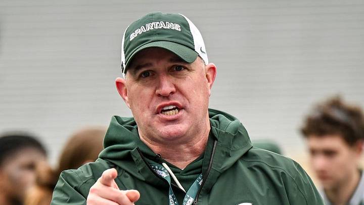 Michigan State's head coach Pat Fitzgerald addresses the team at the end of the football Spring Showcase on Saturday, April 18, 2026, at Spartan Stadium in East Lansing.