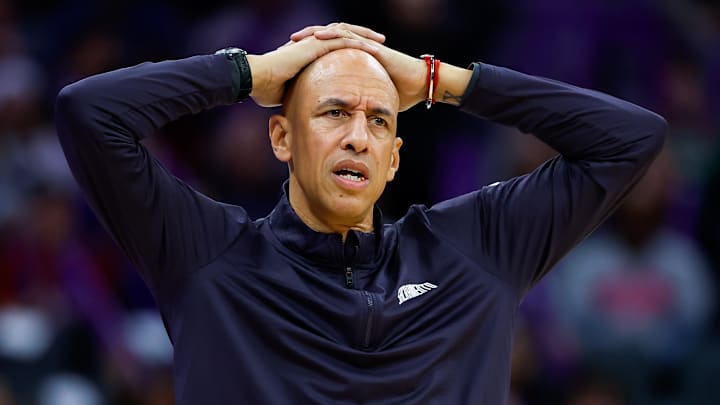 Dec 23, 2025; Sacramento, California, USA; Sacramento Kings head coach Doug Christie reacts after a play against the Detroit Pistons during the third quarter at Golden 1 Center. Mandatory Credit: Sergio Estrada-Imagn Images Dec 23, 2025; Sacramento, California, USA; Sacramento Kings head coach Doug Christie reacts after a play against the Detroit Pistons during the third quarter at Golden 1 Center. Mandatory Credit: Sergio Estrada-Imagn Images