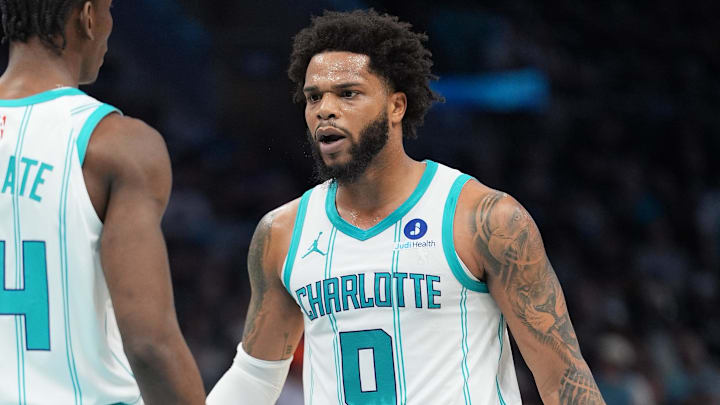 Apr 14, 2026; Charlotte, North Carolina, USA; Charlotte Hornets forward Miles Bridges (0) fist pumps with forward Moussa Diabaté (14) during the first quarter during the play-in rounds between the Charlotte Hornets and the Miami Heat of the 2026 NBA Playoffs at Spectrum Center. Mandatory Credit: Jim Dedmon-Imagn Images Apr 14, 2026; Charlotte, North Carolina, USA; Charlotte Hornets forward Miles Bridges (0) fist pumps with forward Moussa Diabaté (14) during the first quarter during the play-in rounds between the Charlotte Hornets and the Miami Heat of the 2026 NBA Playoffs at Spectrum Center. Mandatory Credit: Jim Dedmon-Imagn Images