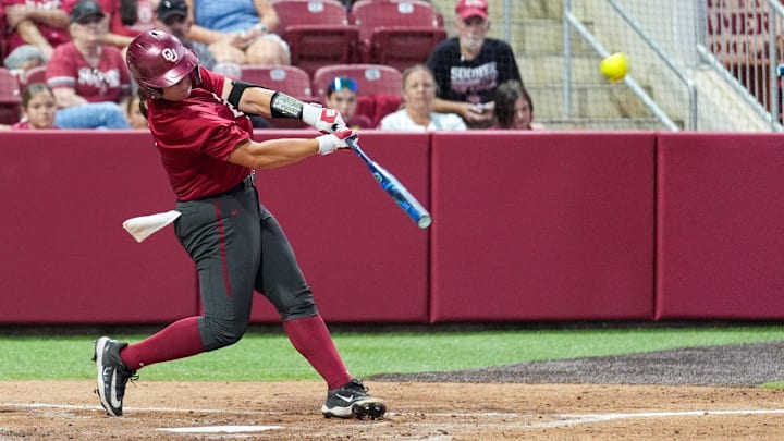 Oklahoma’s Kendall Wells hits a home run during an exhibition NCAA softball game between Oklahoma and Oklahoma Christian at Love’s Field in Norman, Okla., on Wednesday, Oct. 15, 2025. Oklahoma’s Kendall Wells hits a home run during an exhibition NCAA softball game between Oklahoma and Oklahoma Christian at Love’s Field in Norman, Okla., on Wednesday, Oct. 15, 2025.