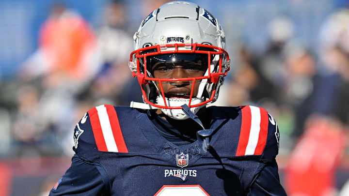 Nov 17, 2024; Foxborough, Massachusetts, USA;  New England Patriots wide receiver Javon Baker (6) warms up before a game against the Los Angeles Rams at Gillette Stadium. Mandatory Credit: Eric Canha-Imagn Images