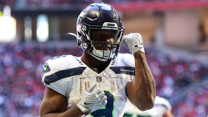 Oct 20, 2024; Atlanta, Georgia, USA; Seattle Seahawks running back Kenneth Walker III (9) celebrates after a touchdown catch against the Atlanta Falcons in the third quarter at Mercedes-Benz Stadium. Mandatory Credit: Brett Davis-Imagn Images