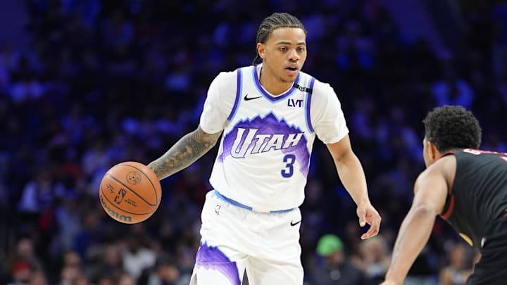 Mar 4, 2026; Philadelphia, Pennsylvania, USA; Utah Jazz guard Keyonte George (3) controls the ball against the Philadelphia 76ers in the third quarter at Xfinity Mobile Arena. Mandatory Credit: Kyle Ross-Imagn Images
