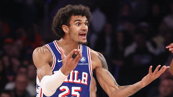 Jan 3, 2026; New York, New York, USA; Philadelphia 76ers forward Dominick Barlow (25) reacts to a call in the first quarter against the New York Knicks at Madison Square Garden. Jan 3, 2026; New York, New York, USA; Philadelphia 76ers forward Dominick Barlow (25) reacts to a call in the first quarter against the New York Knicks at Madison Square Garden.