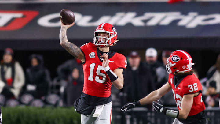 Nov 29, 2024; Athens, Georgia, USA; Georgia Bulldogs quarterback Carson Beck (15) throws a pass against the Georgia Tech Yellow Jackets in the second quarter at Sanford Stadium. Mandatory Credit: Brett Davis-Imagn Images