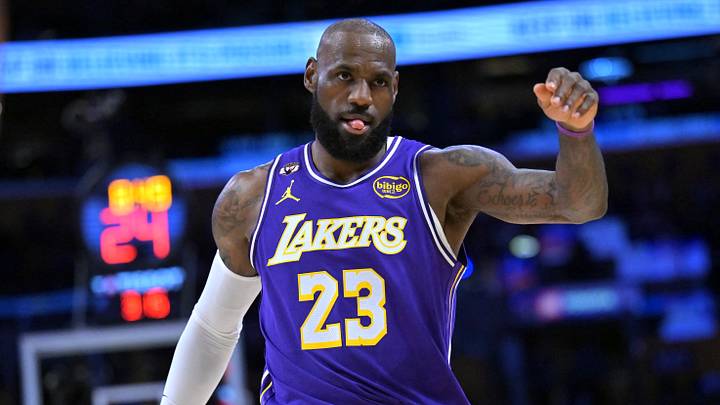 Los Angeles Lakers forward LeBron James (23) reacts on the court after a three-point basket in the first half against the Dallas Mavericks at Crypto.com Arena on Feb. 12, 2026. Los Angeles Lakers forward LeBron James (23) reacts on the court after a three-point basket in the first half against the Dallas Mavericks at Crypto.com Arena on Feb. 12, 2026.