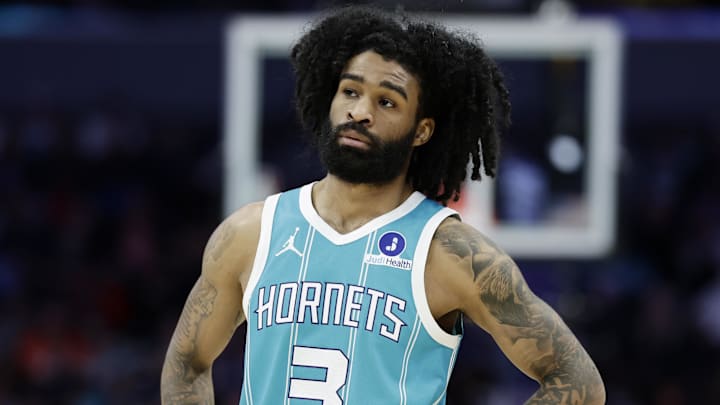 Mar 19, 2026; Charlotte, North Carolina, USA; Charlotte Hornets guard Coby White (3) stands on the court during the third quarter against the Orlando Magic at Spectrum Center. Mandatory Credit: Brian Westerholt-Imagn Images Mar 19, 2026; Charlotte, North Carolina, USA; Charlotte Hornets guard Coby White (3) stands on the court during the third quarter against the Orlando Magic at Spectrum Center. Mandatory Credit: Brian Westerholt-Imagn Images