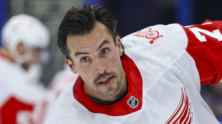 Apr 13, 2026; Tampa, Florida, USA; Detroit Red Wings defenseman Justin Faulk (72) warms up before a game against the Tampa Bay Lightning at Benchmark International Arena. Mandatory Credit: Nathan Ray Seebeck-Imagn Images