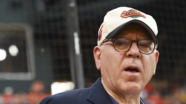 Jun 28, 2024; Baltimore, Maryland, USA; Baltimore Orioles owner David Rubenstein on the field before the game against the Texas Rangers  at Oriole Park at Camden Yards. Mandatory Credit: Tommy Gilligan-Imagn Images