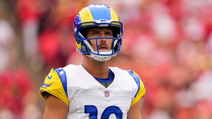 Aug 15, 2026; Kansas City, Missouri, USA; Los Angeles Rams quarterback Stetson Bennett IV (13) reacts during the first half against the Kansas City Chiefs at at Arrowhead Stadium. Mandatory Credit: Jay Biggerstaff-Imagn Images