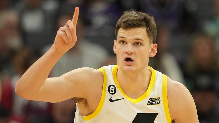 Mar 25, 2023; Sacramento, California, USA; Utah Jazz center Walker Kessler (24) gestures during the second quarter against the Sacramento Kings at Golden 1 Center. Mandatory Credit: Darren Yamashita-USA TODAY Sports