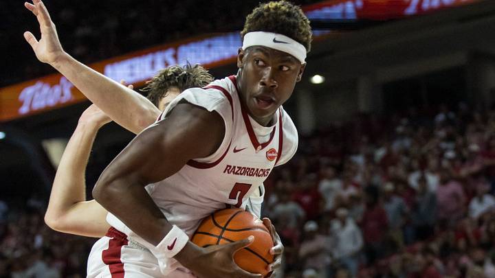 Arkansas Razorbacks forward JJ Andrews (7) secures a rebound during the second half against the Gonzaga Bulldogs at Bud Walton Arena. Arkansas Razorbacks forward JJ Andrews (7) secures a rebound during the second half against the Gonzaga Bulldogs at Bud Walton Arena.