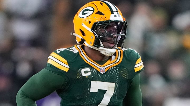 Dec 27, 2025; Green Bay, Wisconsin, USA; Green Bay Packers linebacker Quay Walker (7) looks on during the fourth quarter against the Baltimore Ravens at Lambeau Field.