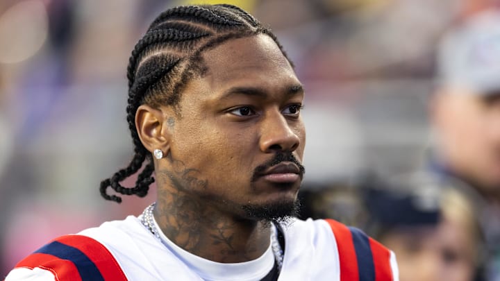 Feb 8, 2026; Santa Clara, CA, USA; New England Patriots wide receiver Stefon Diggs (8) against the Seattle Seahawks during Super Bowl LX at Levi's Stadium. Mandatory Credit: Mark J. Rebilas-Imagn Images