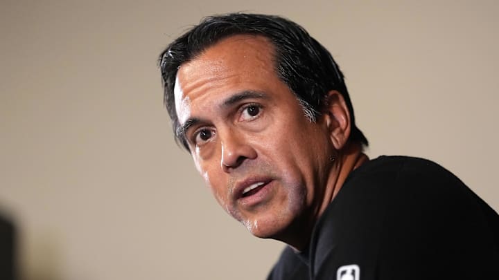Nov 3, 2025; Inglewood, California, USA; Miami Heat head coach Erik Spoelstra at press conference (Mandatory Credit: Kirby Lee-Imagn Images)